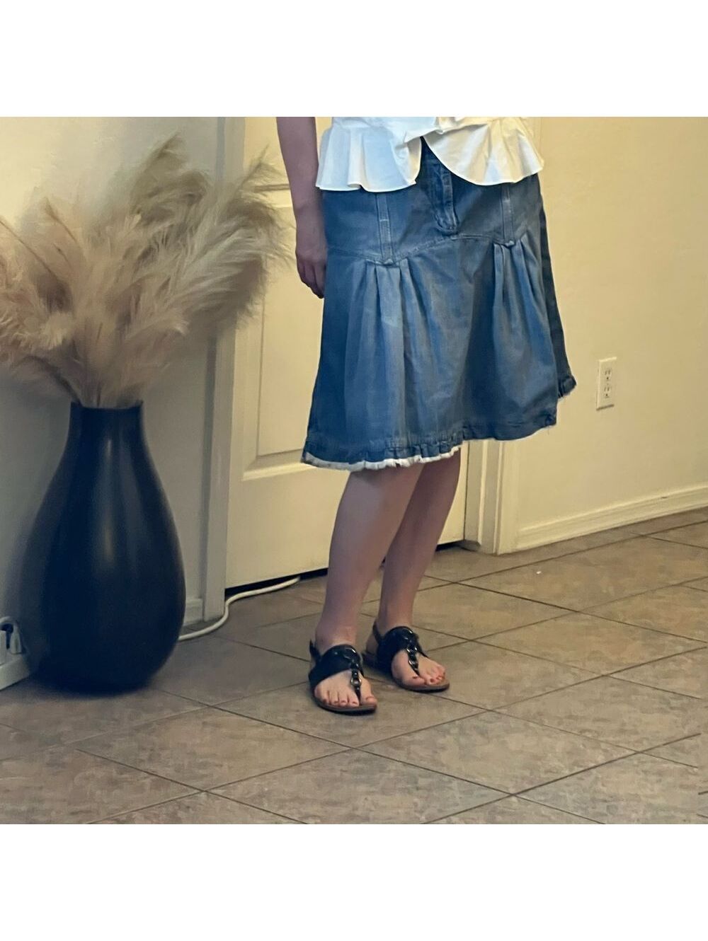 Vtg Y2K Jeanstar Pleated Fit Flare Denim Jean Raw Hem Skirt Low Rise 34” 14 XL